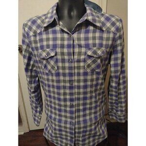 NWT New  IZOD Women's Large L Cotton Button Up Shirt Purple Gray Long Sleeve